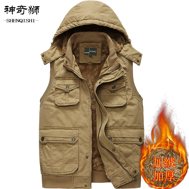 加绒加厚冬季保暖马甲中老年男式纯棉带帽中老年男式坎肩爸爸背心