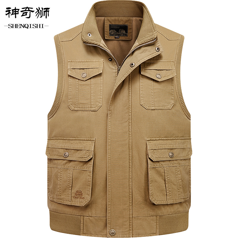 中老年男式纯棉立领马甲多口袋春秋宽松大码爸爸坎肩男士工装背心