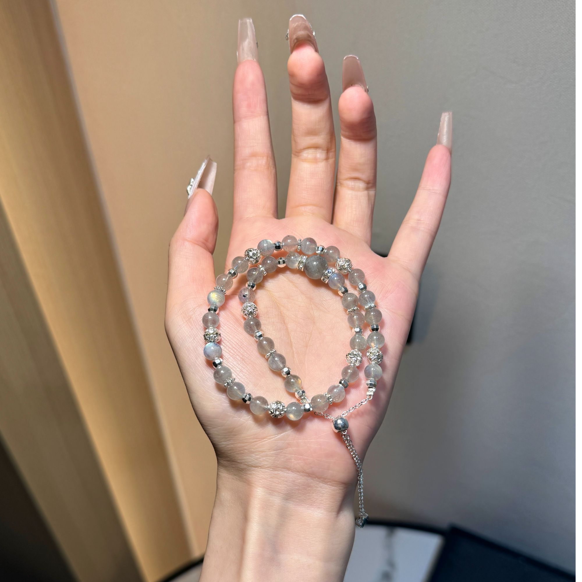 原创设计品牌“倾月”天然灰月光卟灵闪亮眼水晶手串