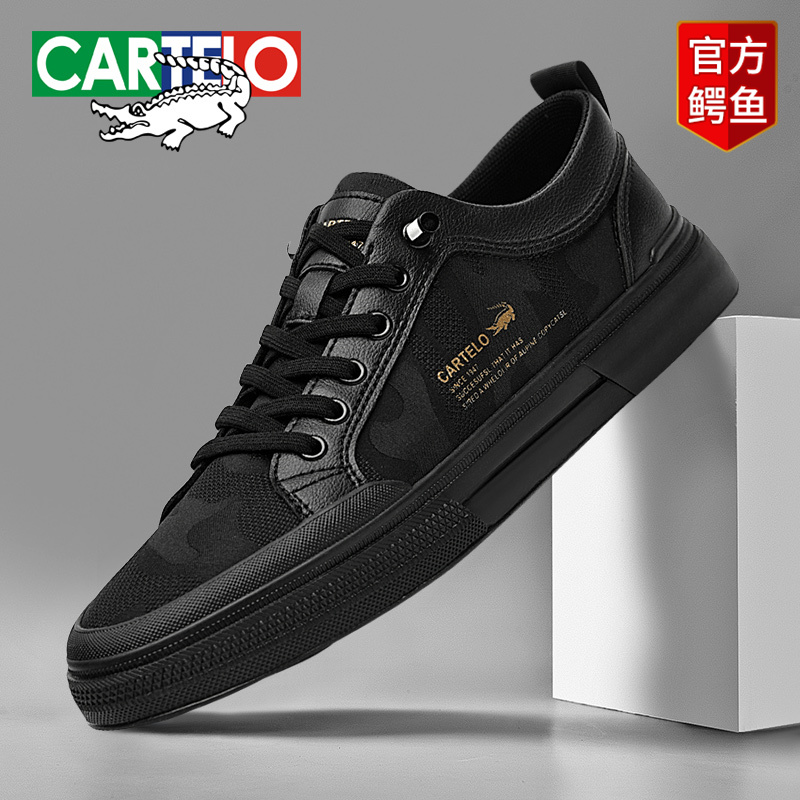 卡帝乐鳄鱼春季新款帆布板鞋潮流百搭一脚蹬透气黑色运动休闲鞋男