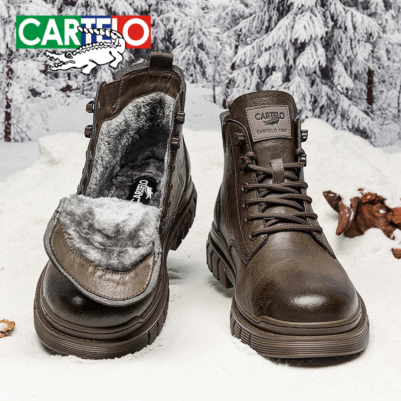 卡帝乐鳄鱼马丁靴冬季加绒保暖棉鞋高帮加厚防滑雪地鞋男士工装靴