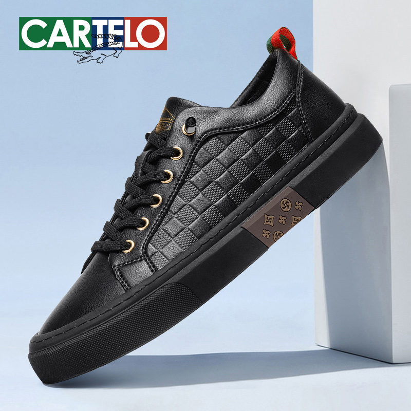 [经典格纹]卡帝乐鳄鱼男鞋2025秋冬新款休闲皮鞋黑色潮鞋透气板鞋