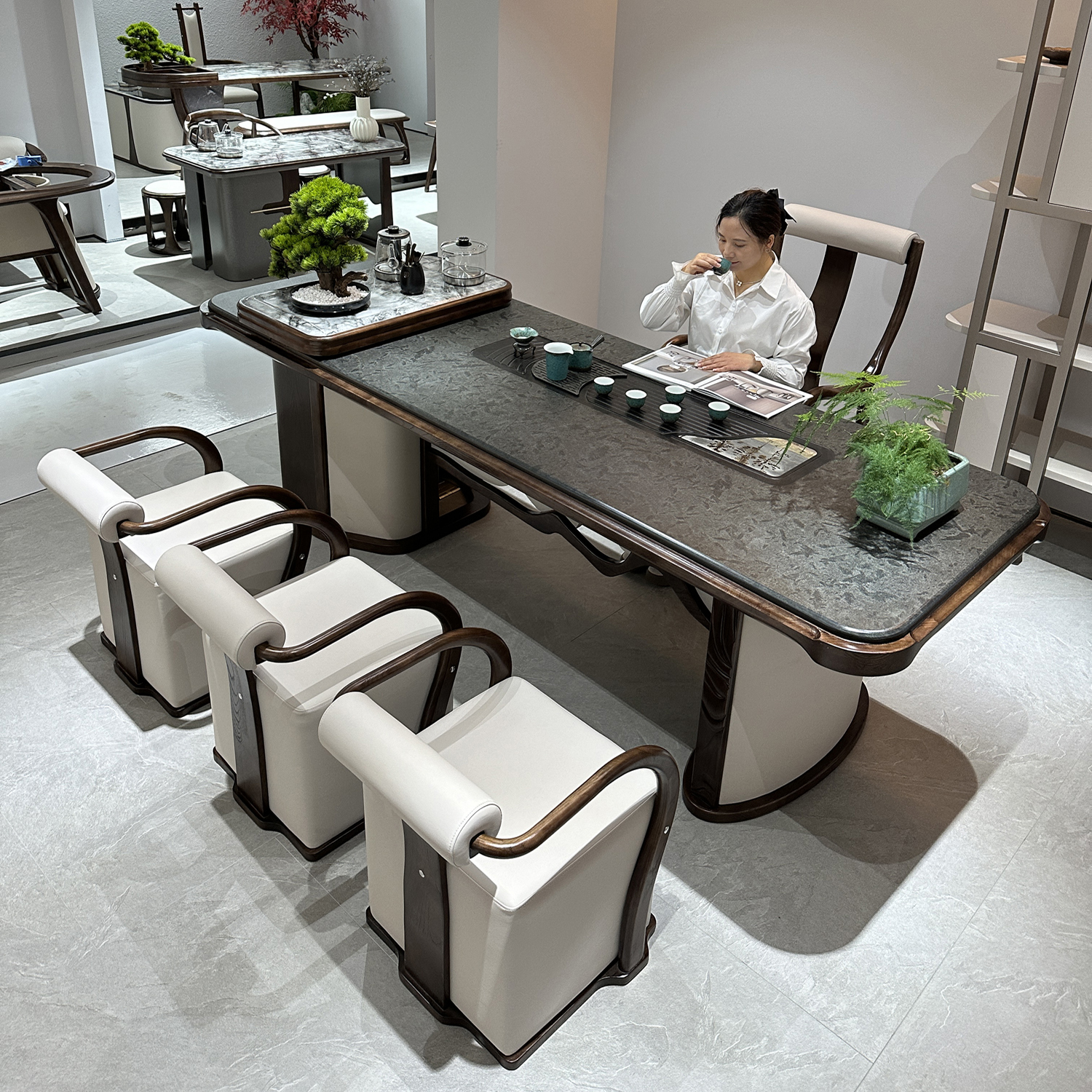 新中式新款轻奢高级感设计师现代岩板茶桌茶台桌椅高端办公室茶桌