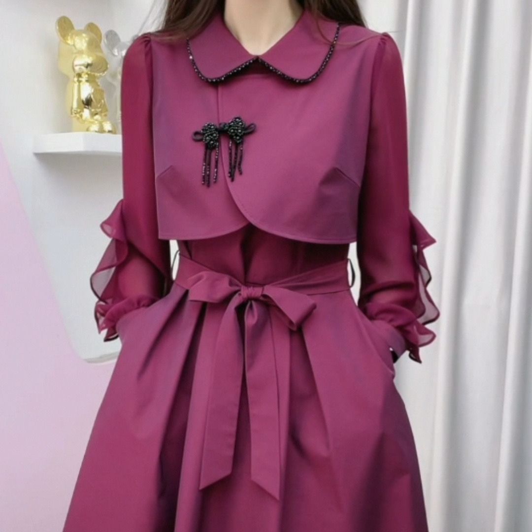高档假两件连衣裙荷叶边连衣裙2023春秋新款女仙女修身显瘦裙子女