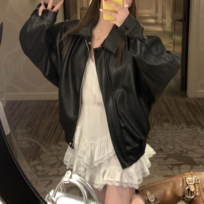 少女百搭高档皮衣洋气韩式ins定制pu复古黑色皮衣外套女夹克上衣