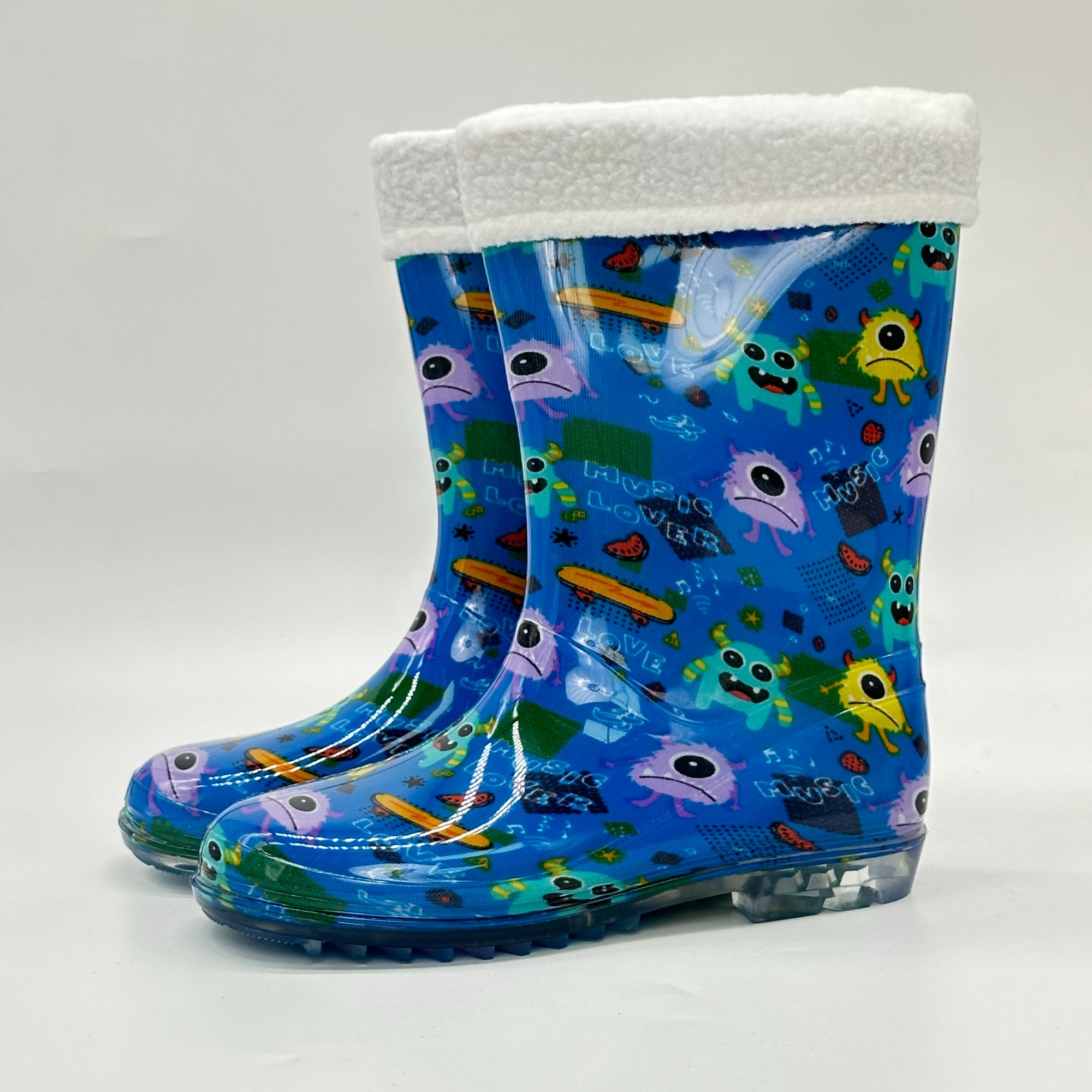 PVC蓝色雨鞋卡通小怪兽学生防滑内里棉套可拆卸式
