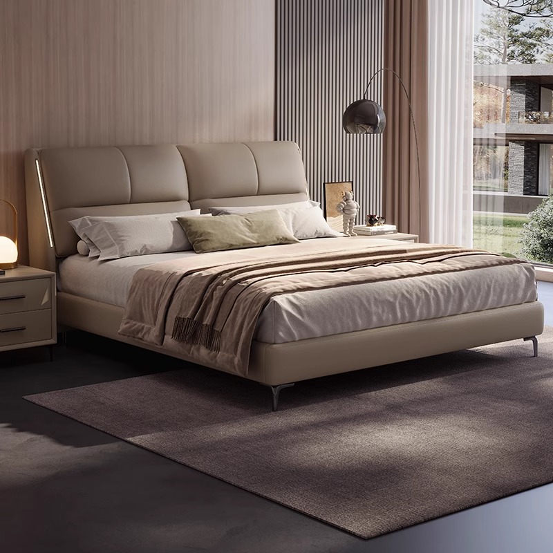 双人床现代简约主卧真皮婚床头层牛皮床免洗极简主卧室软包床