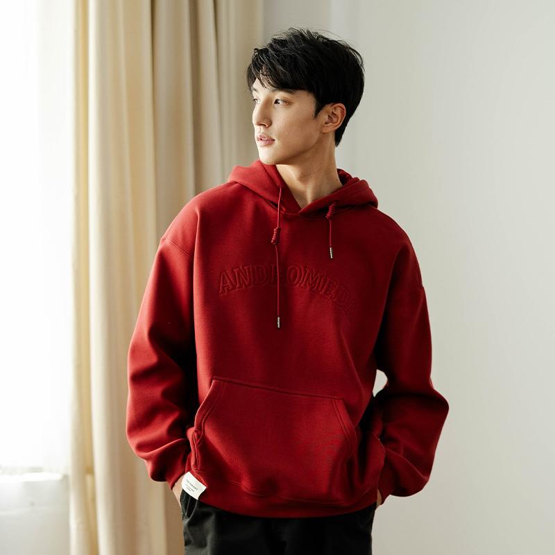 中和休闲男装宽松加绒加厚连帽卫衣2024冬季新款质感痞帅套头衫
