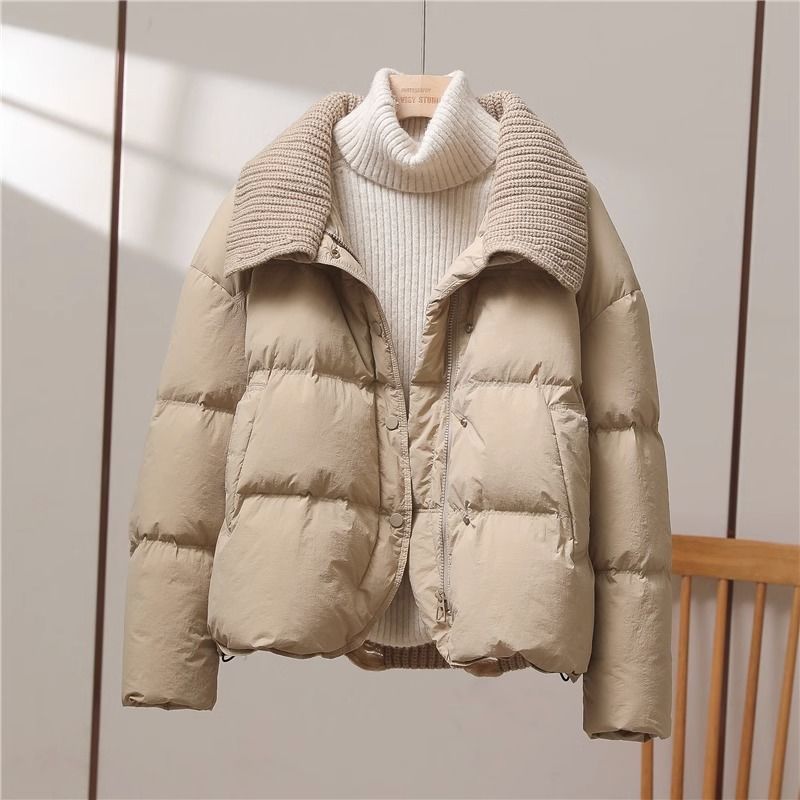 xi希希2023年冬季新款针织翻领拼接羽绒服女短款时尚轻薄百搭棉潮