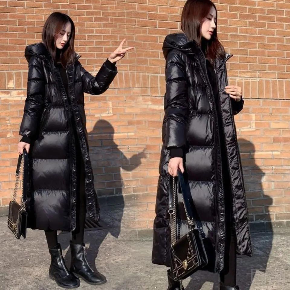 新款羽绒服2023新款黑色羽绒服韩版长款亮面羽绒服女加厚修身羽潮