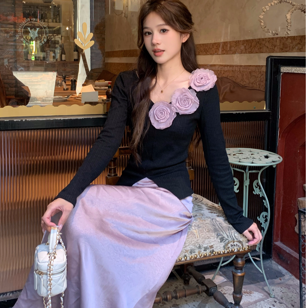 法式立体玫瑰花气质长袖针织衫高腰半身长裙秋季新款时尚套装女潮