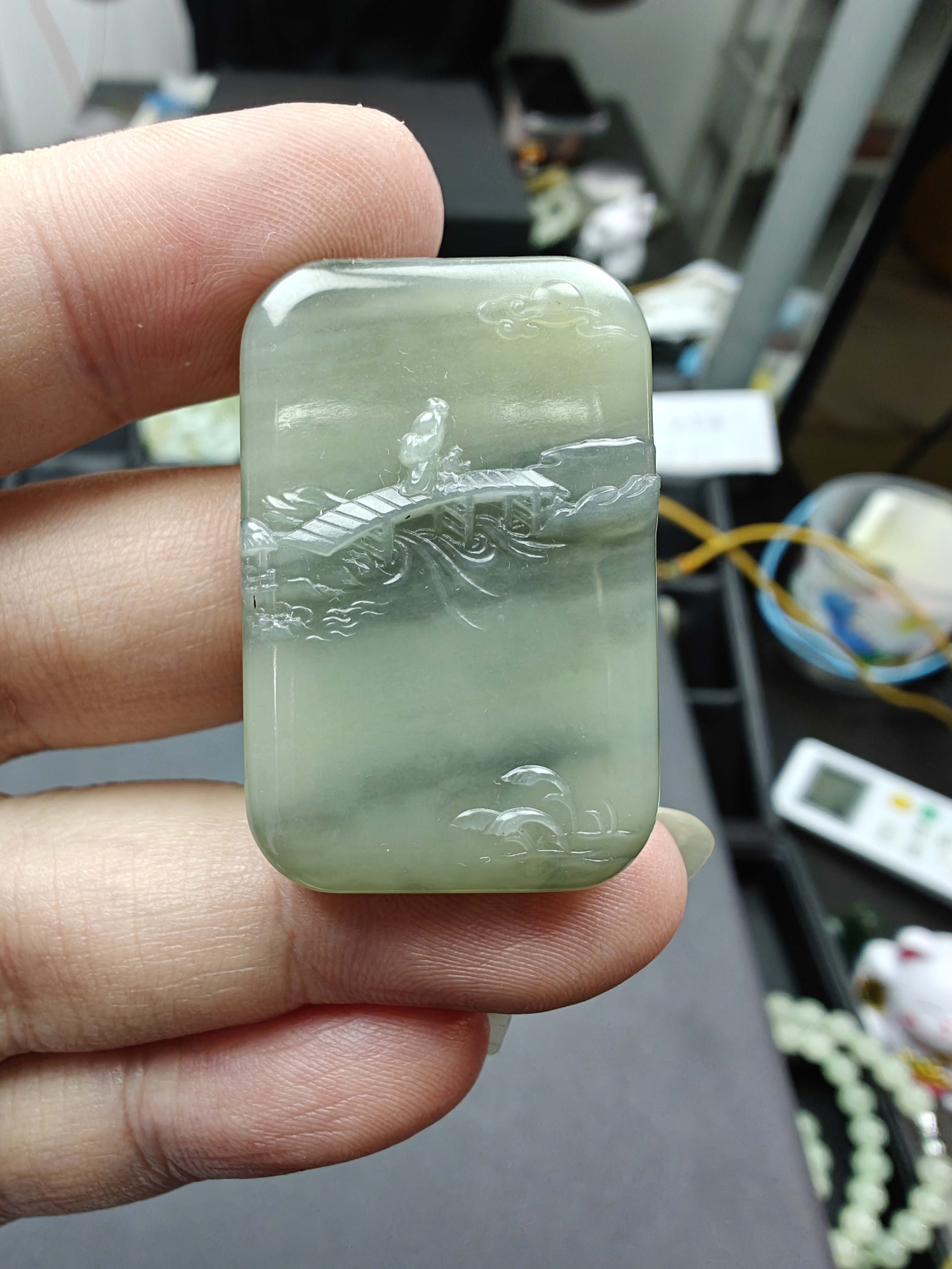 新疆和田玉 青花 山水意境俏色巧雕 38*24.6*8mm