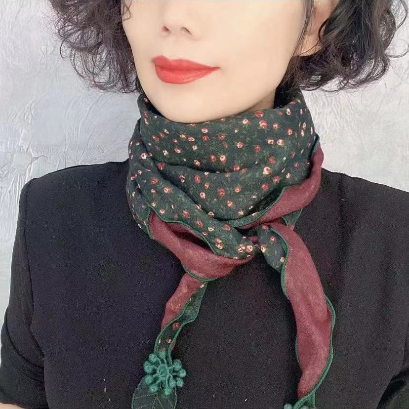 秋冬围巾棉麻双色印花菱形长巾国风一叶知秋文艺吊坠丝巾网红同款