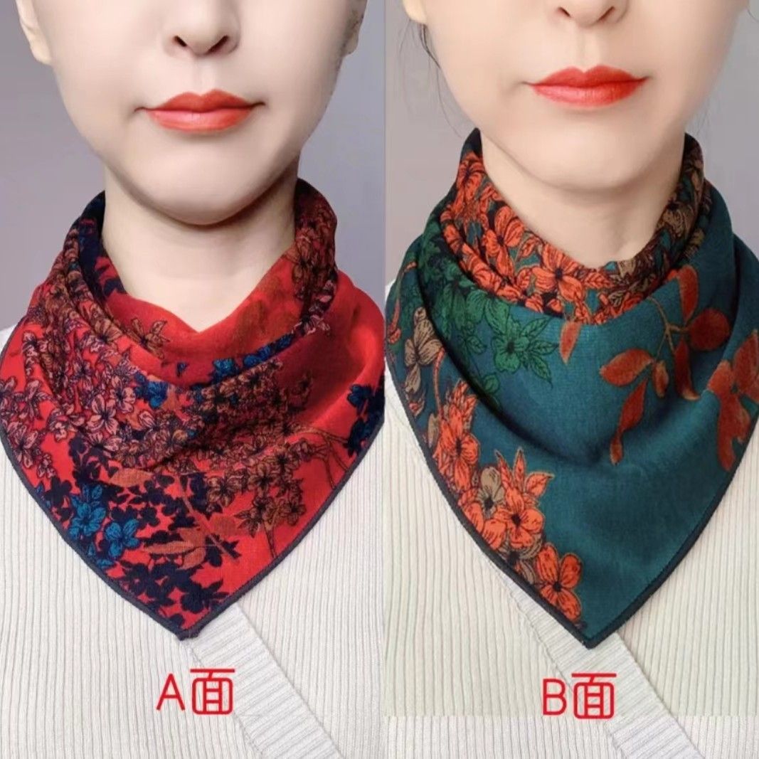 【澳绒棉双面双花三角巾】围脖护颈保暖按扣围巾洋气新款百搭时尚