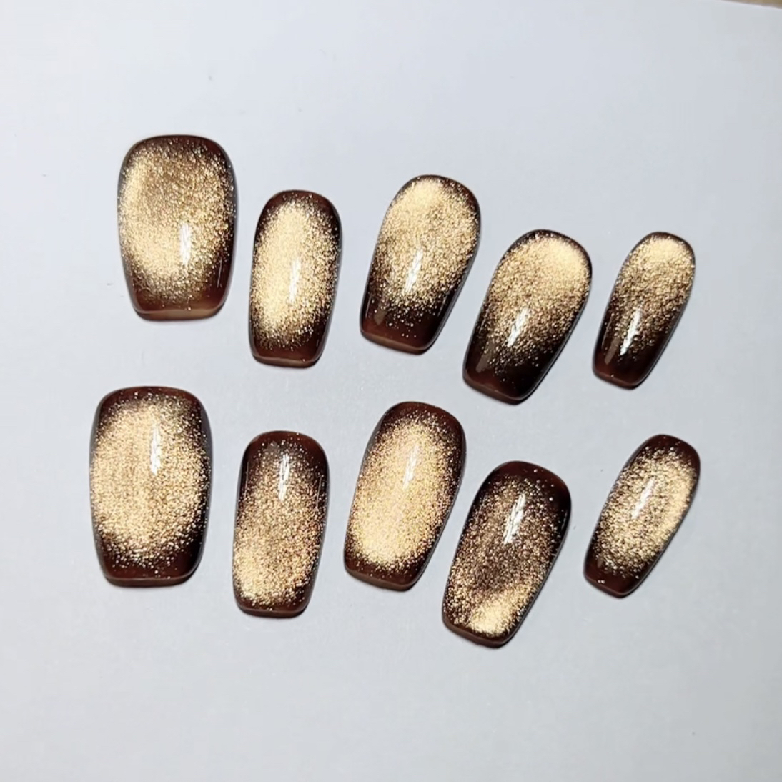 Q深秋金丝 闪猫眼纯手工穿戴甲显白高级美甲贴片假指甲贴成品