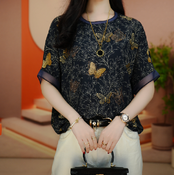 诺诗 新款夏季轻奢气质显瘦时尚百搭减龄休闲印花圆领上衣S24C118