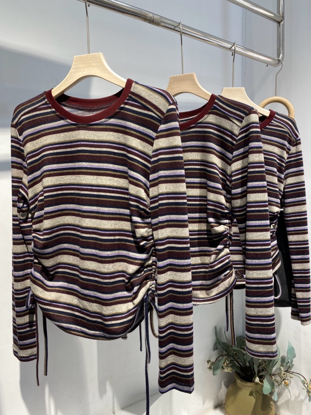 撞色圆领条纹长袖T恤修身显瘦打底衫秋季内搭