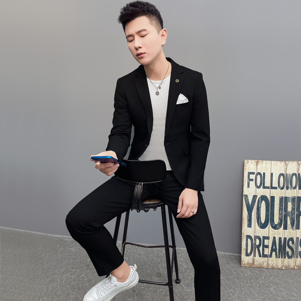 秋季高端男装西服套装韩版修身商务英伦风时尚休闲条纹西装两件套