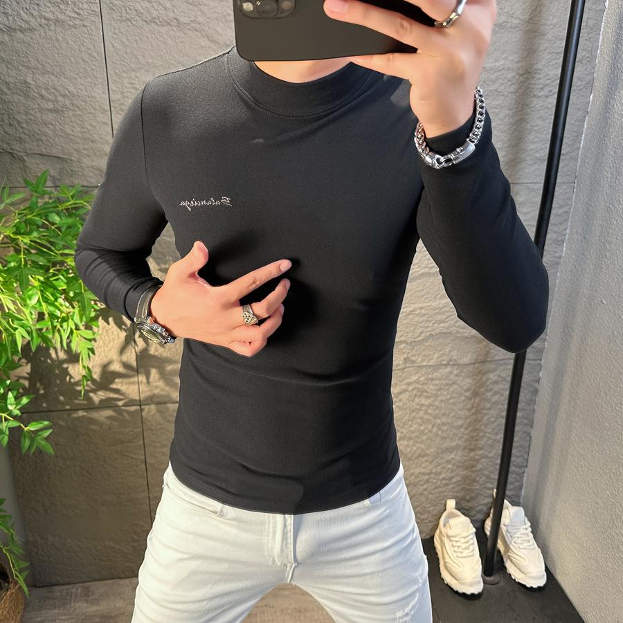 欧洲站保暖双面德绒半高领长袖t恤男士秋冬简约弹力打底衫男修身