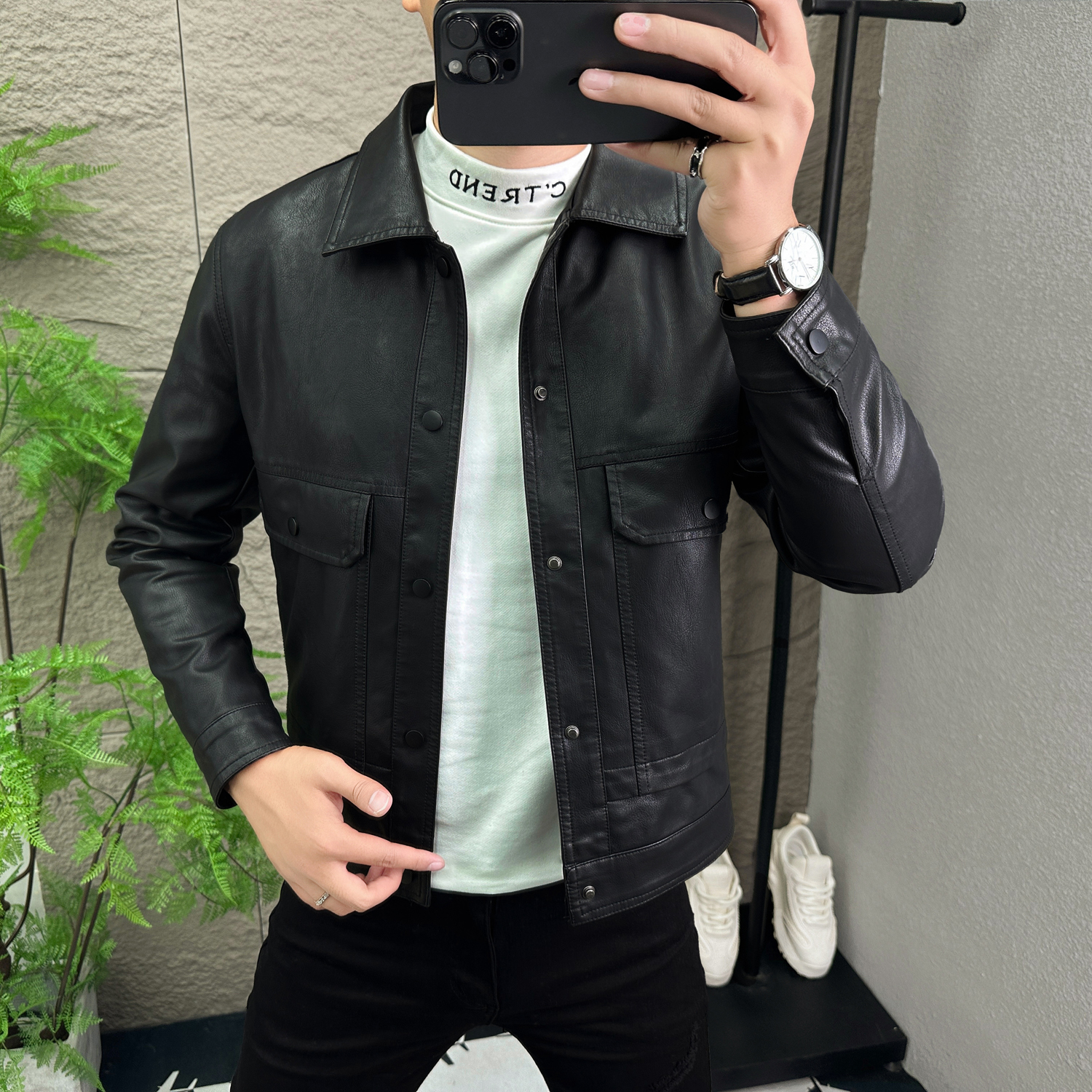 秋冬季男款翻领皮衣潮牌PU皮外套2024帅气短款男士皮夹克衫机车服