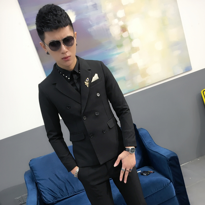 2024男士修身外套结婚韩版休闲潮潮流双排扣西服夜店发型师潮男