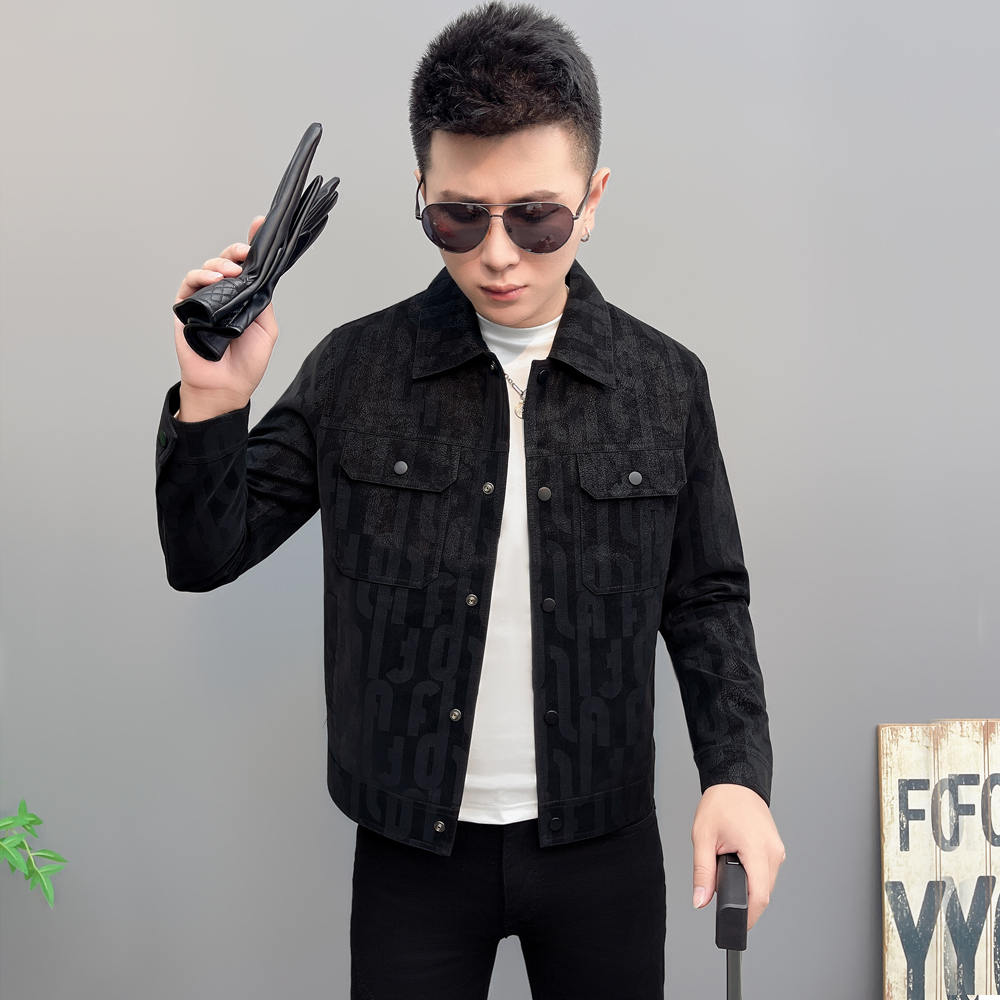 秋季男装暗纹印花翻领仿皮夹克男潮流修身时尚简约黑色短外套