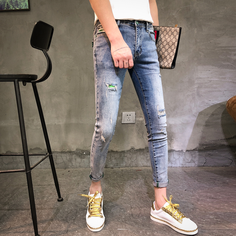 男款夏天九分破洞牛仔裤男潮牌休闲裤子修身小脚潮流韩版百搭长裤