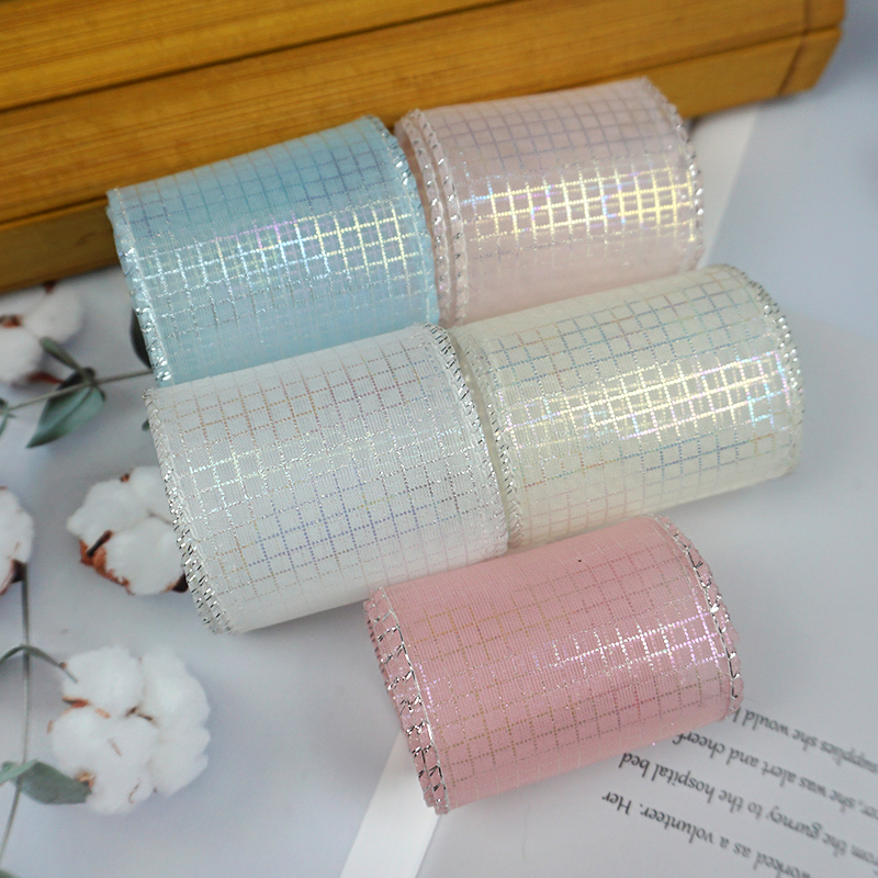 DIY5.5cm镭射格子拷边纱妤纩织带头饰发饰鞋子帽子衣服蝴蝶结材料