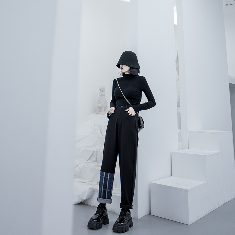 CHICSKY黑色裤子女秋2025新款拼接宽松休闲裤直筒垂感阔腿裤