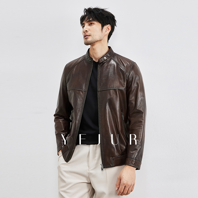 YEJUR 真皮皮衣男短款机车山羊皮夹克2024秋冬新款立领复古棕外套