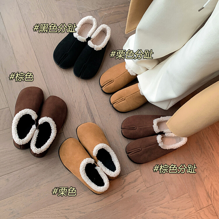 单软底加绒豆豆鞋女冬季加厚保暖居家分趾乐福毛毛鞋磨砂平底外穿