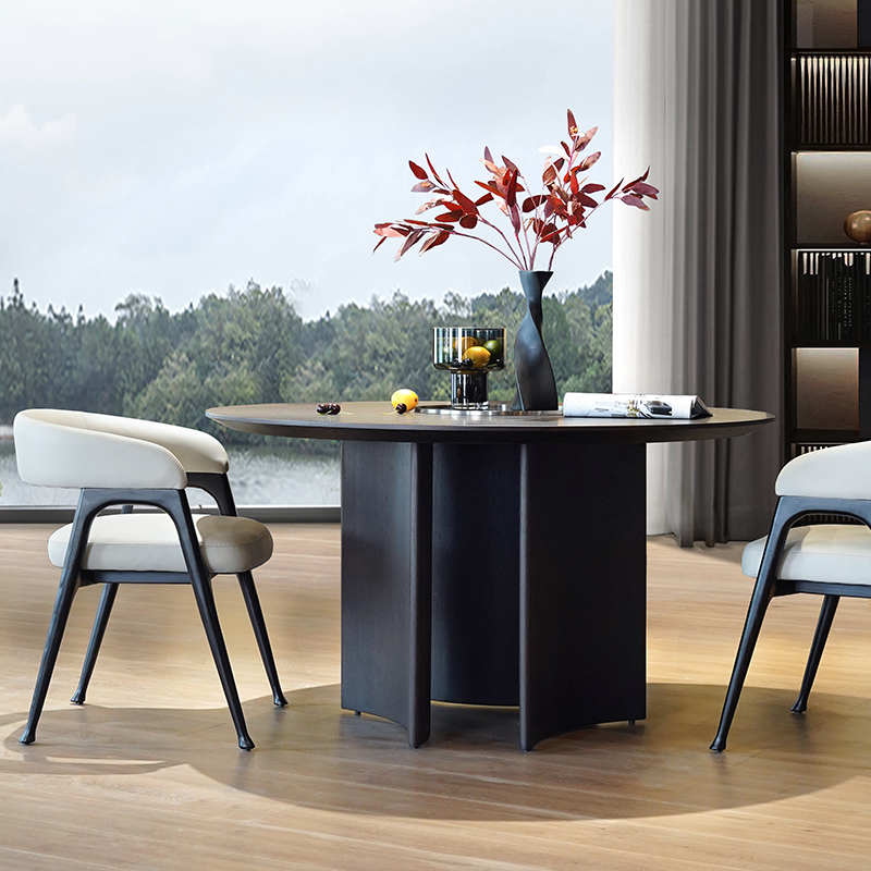 熏木圆形餐桌转盘吃饭桌子意式极简家用简约现代餐厅桌轻奢