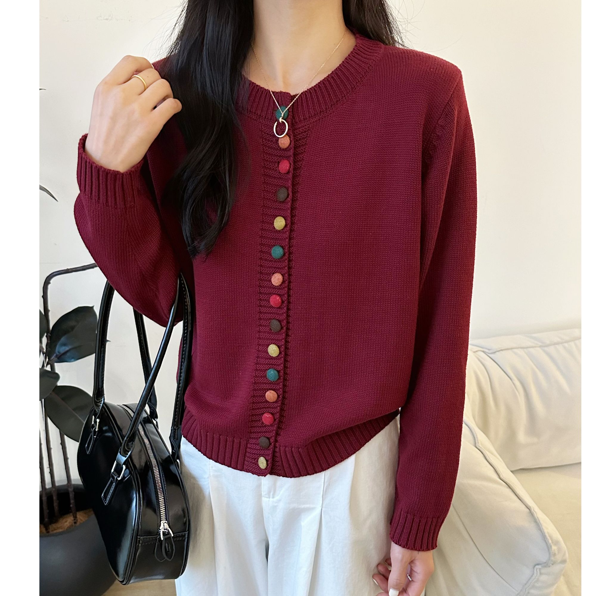 【正品现货】手工彩色包扣显瘦棉线针织开衫女士新款宽松长袖外套