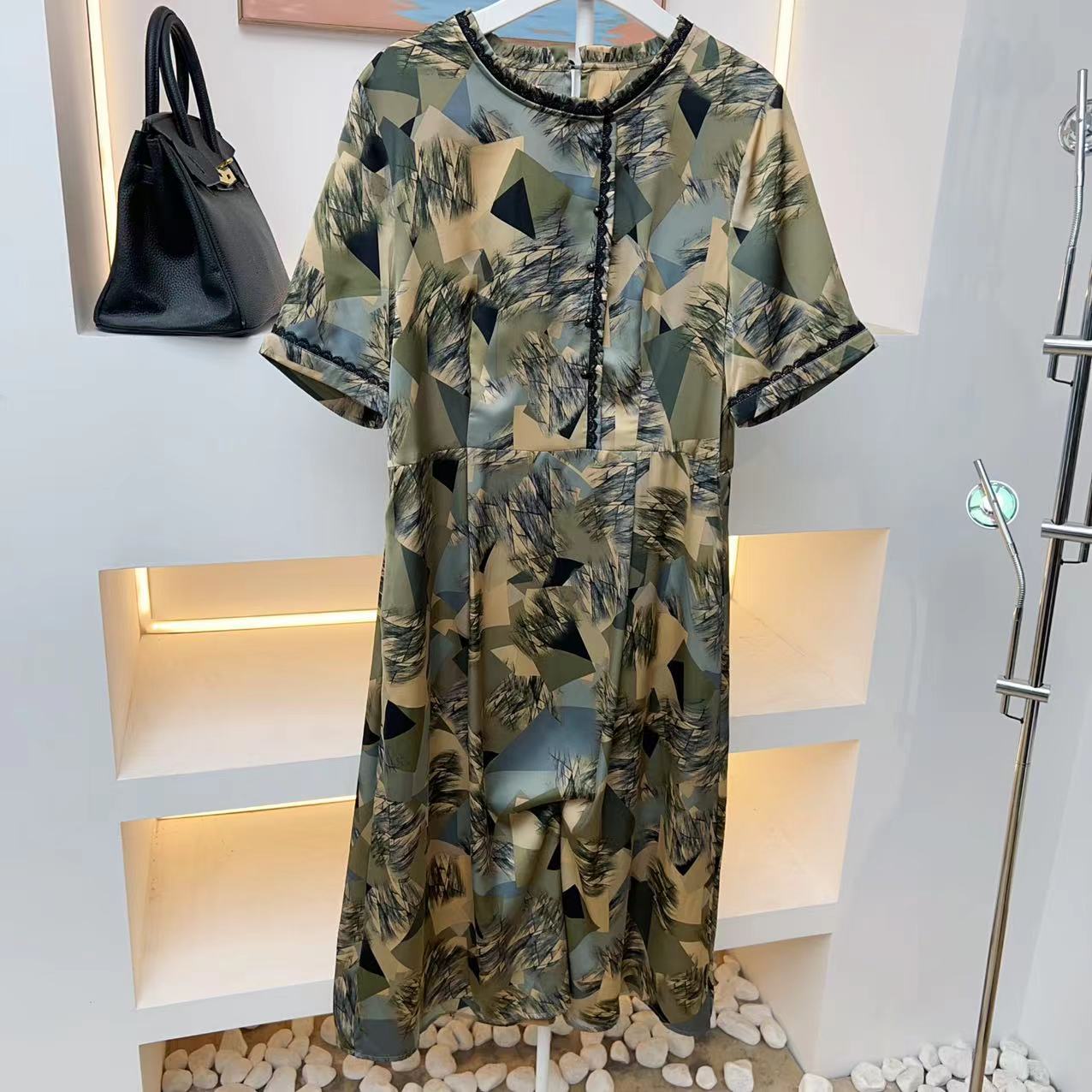 【新品尝鲜】春夏季中式碎花印花收腰时尚中长款气质短袖连衣裙112