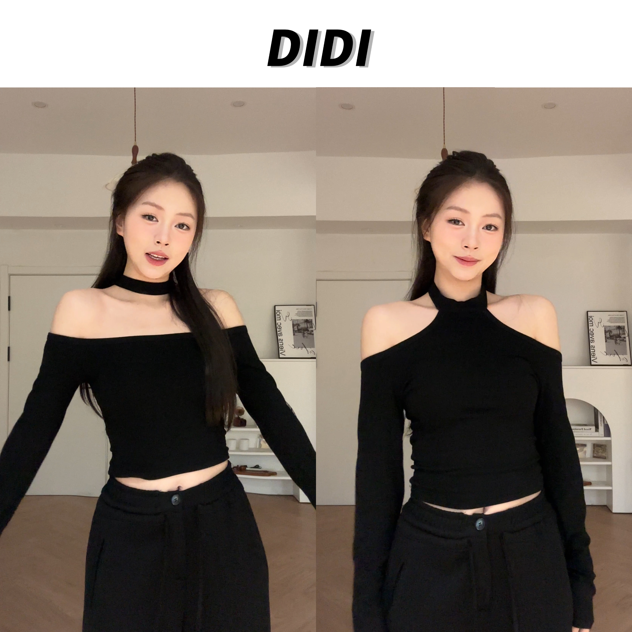 妙前【DIDI】正反两穿！ 一字肩新款辣妹修身显瘦短款长袖特别致上衣