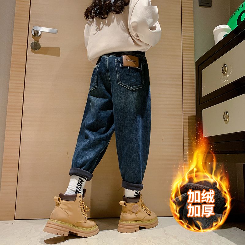 女童加绒裤子加厚秋冬款洋气外穿大童直筒裤一体绒冬季童装牛仔裤