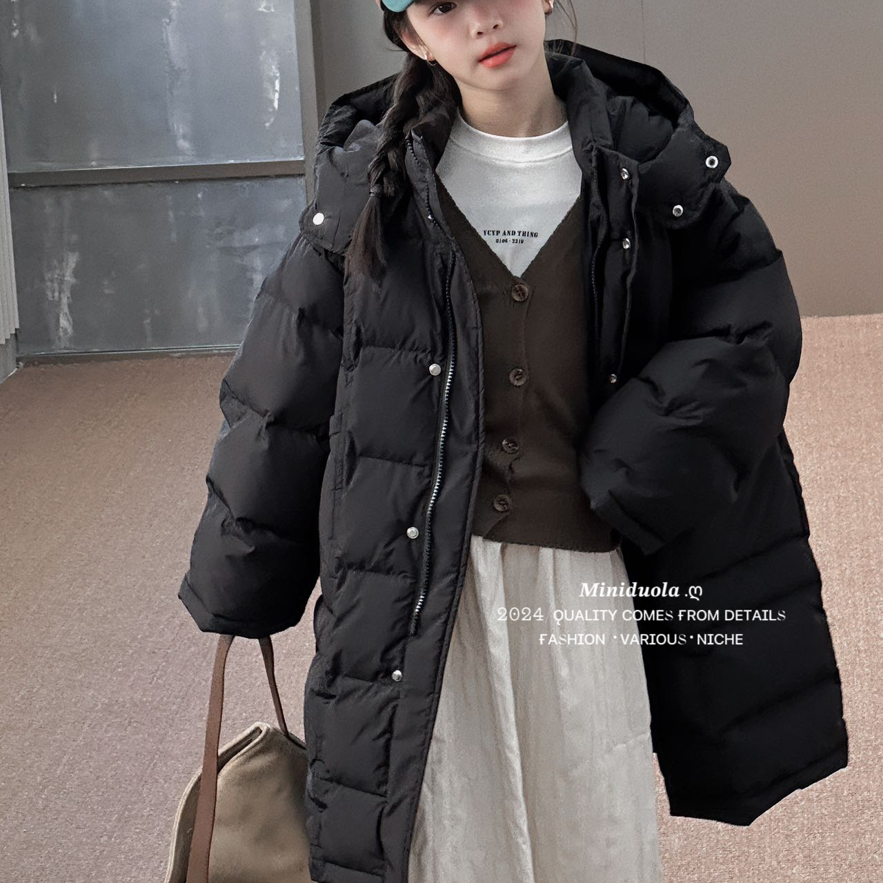 小黄鸭秋冬季新款儿童防寒服韩版加长加厚时尚大口袋连帽保暖外套