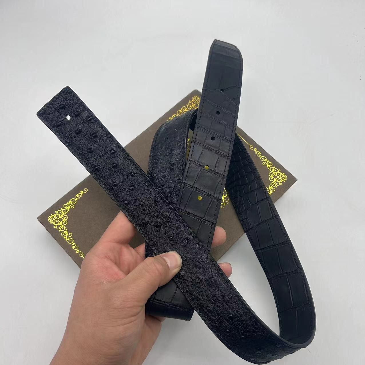 （单带条）3.8鸵鸟雾面肚皮双面皮带礼盒装-