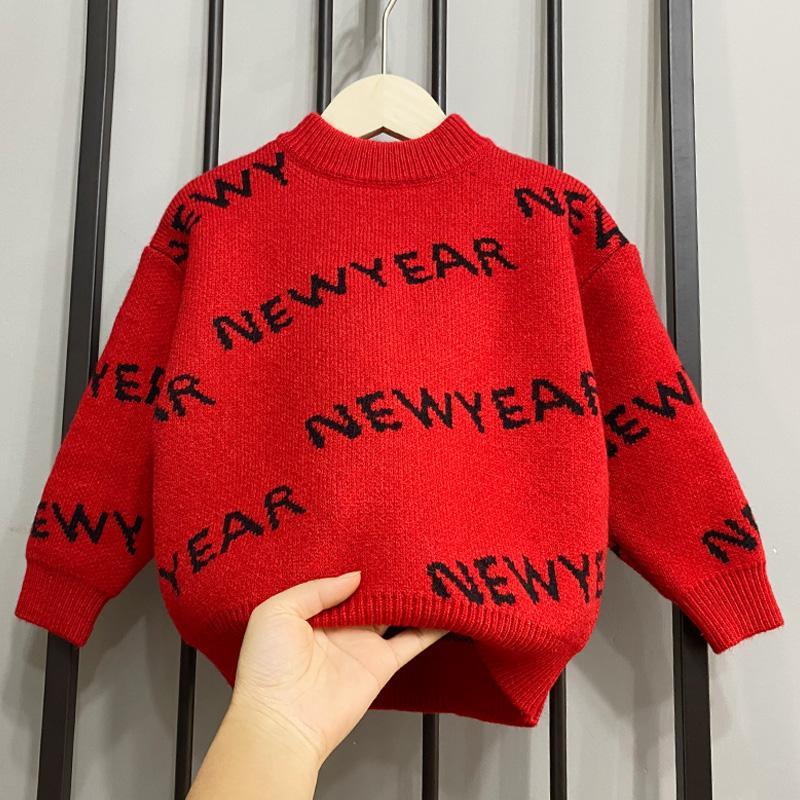 童装毛衣2023秋冬新款男童女童针织衫新年拜年喜庆上衣毛线打底衫