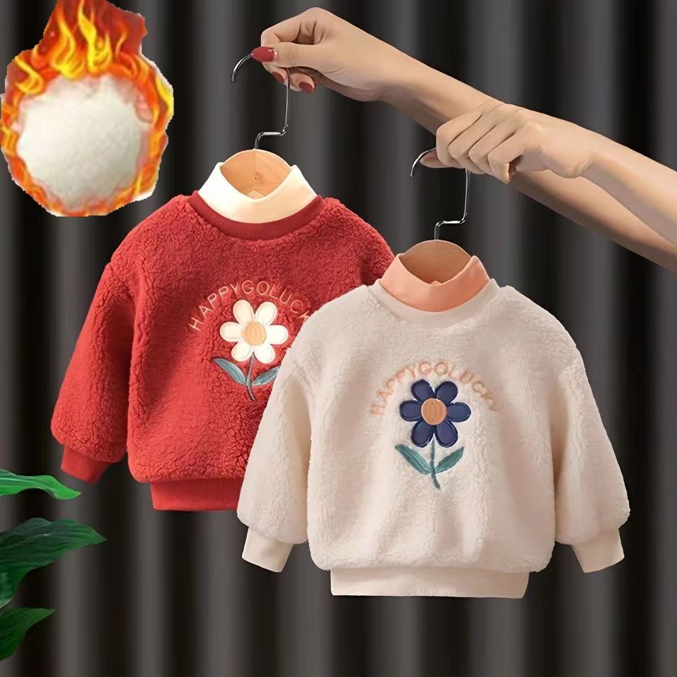 女童韩版冬季衣服洋气宝宝加绒卫衣婴儿秋冬毛毛衣儿童加绒套头衫