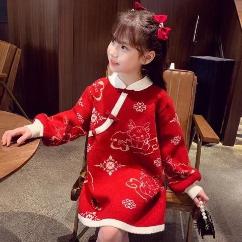 女童旗袍裙子2024春秋款中国风洋气宝宝红色针织毛衣拜年服连衣裙