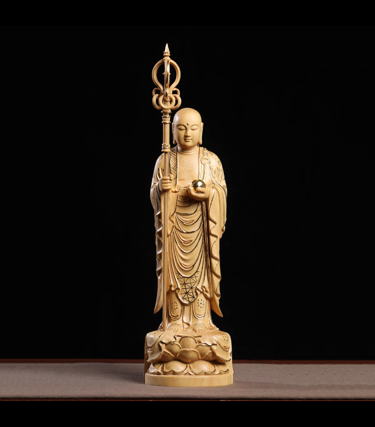 正宗小叶黄杨木雕工艺品摆件描金版地藏王佛像实木精品家居装饰品