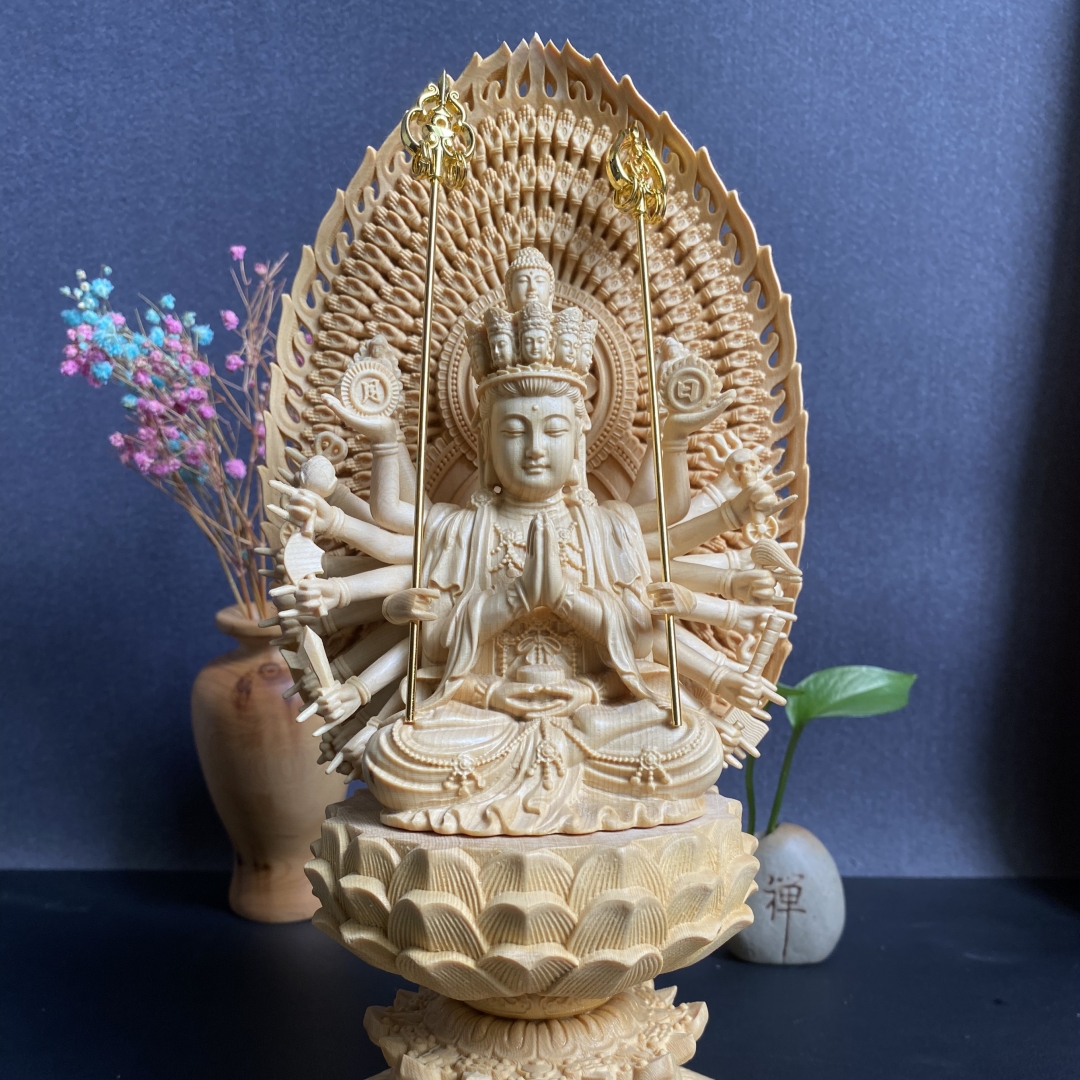 桧木雕工艺品摆件生肖鼠守护神千手观音菩萨佛像家居实木装饰品