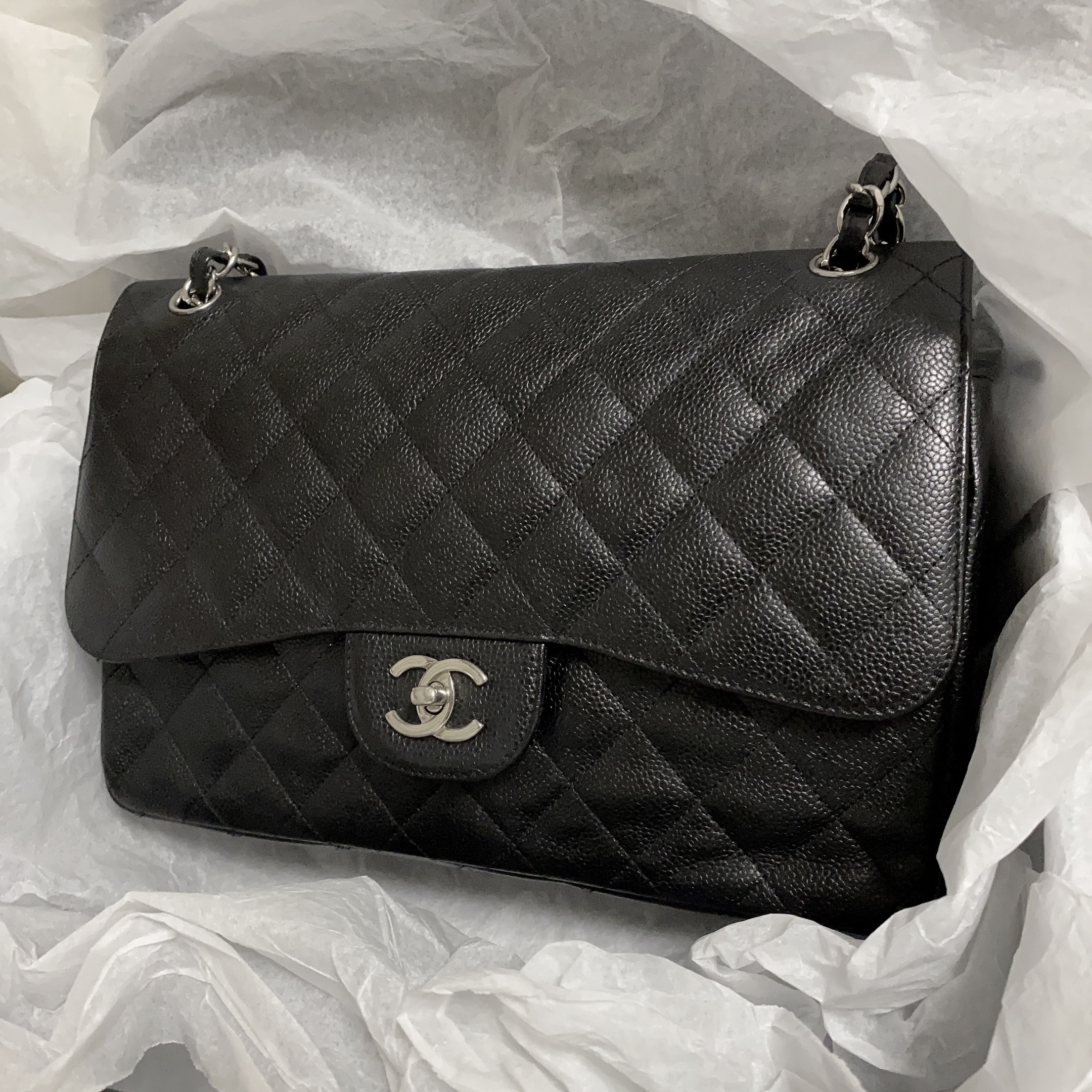 95新 Chanel/香奈儿 Chanel黑银荔枝纹Cf jumbo