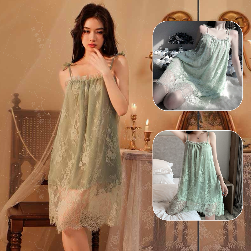 夏季新款大码性感蕾丝吊带睡裙女士薄款宽松绣花蕾丝边纯欲风睡衣
