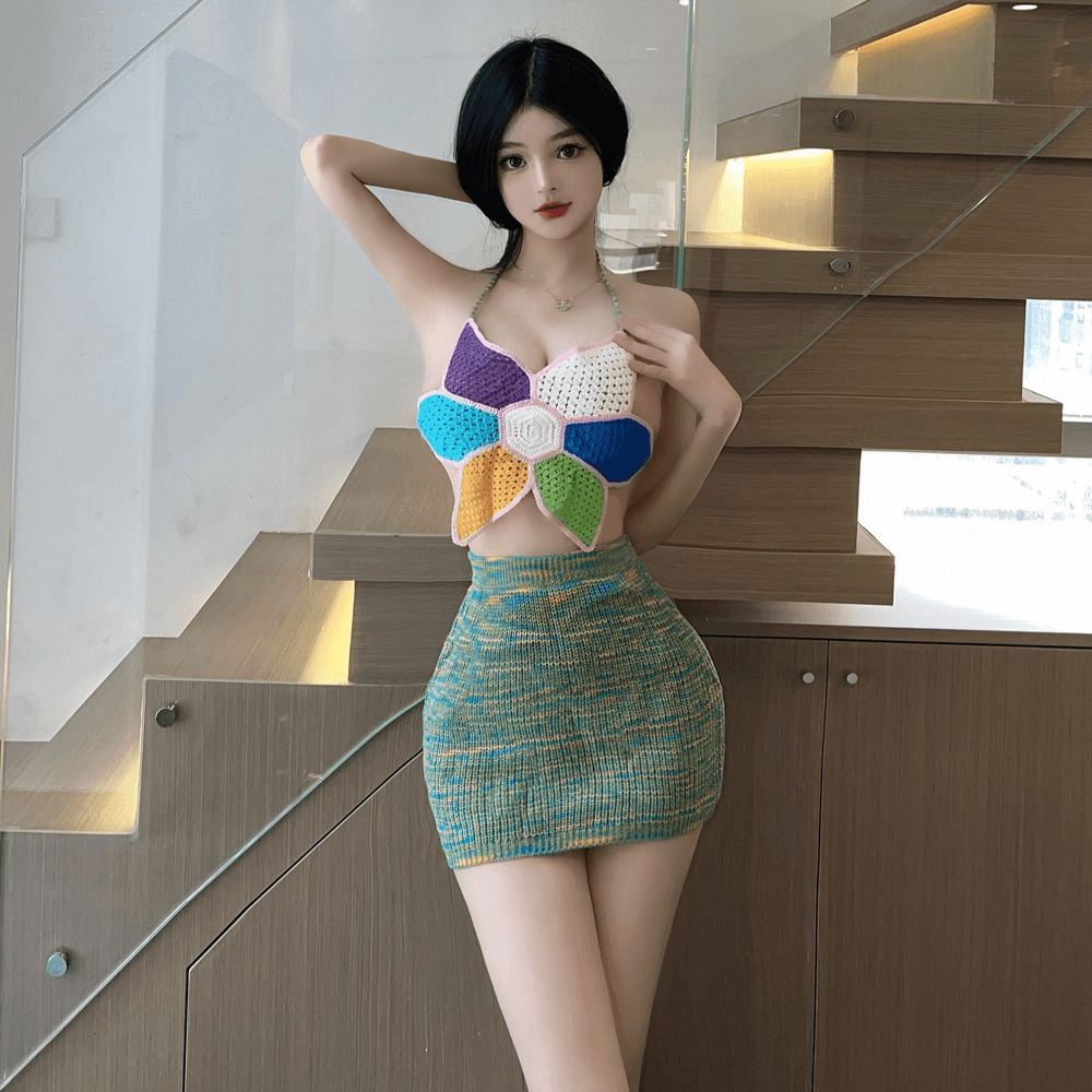 秋季网红少女性感拼色太阳花吊带+包臀短裙辣妹套装女