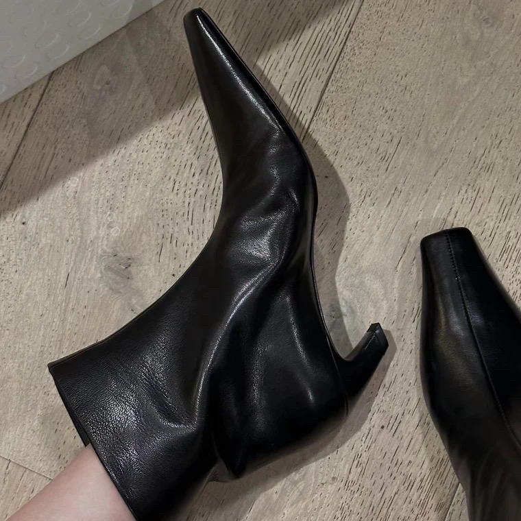 小猫跟短筒靴方头小跟靴子套筒单靴显瘦法式短靴