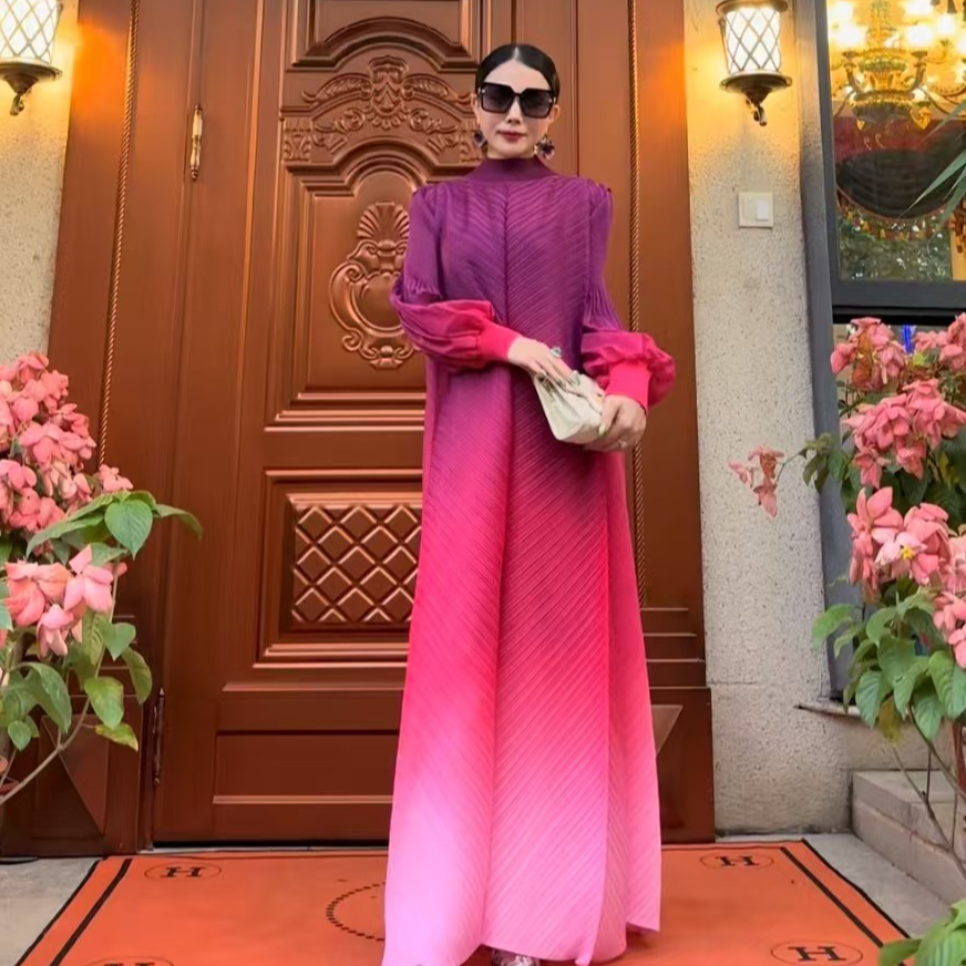 【上新-三宅系列】百变女神渐变中东风高领气质连衣裙