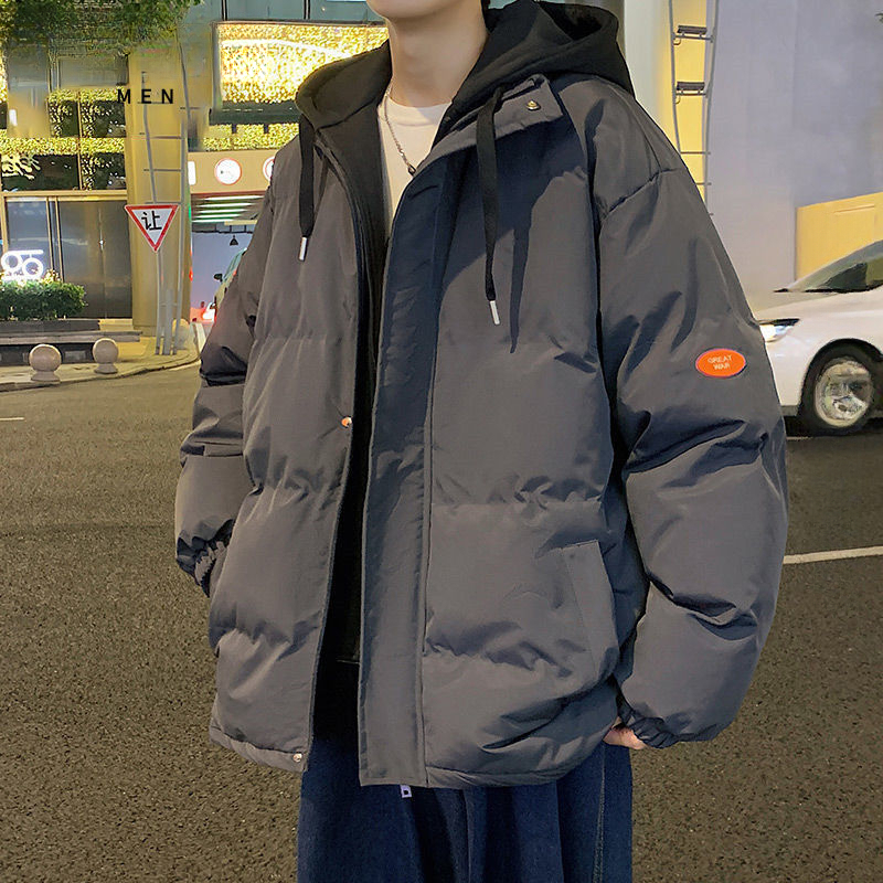 潮流帅气大码加绒2023冬季时尚假两件棉服秋冬款防寒棉衣连帽加厚