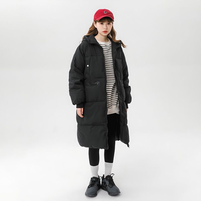 户外羽绒服连帽过膝黑色棉服女中长款学生2023冬韩版棉袄年轻洋气